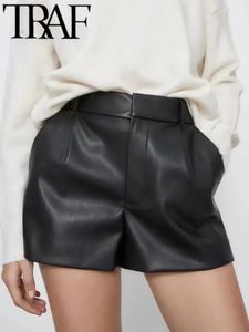 Traf Women Fashion Faux Leather Shorts High midjesidfickor Vintage Zipper Fly Kvinnlig bredben Shorts Streetwear Ropa 240321