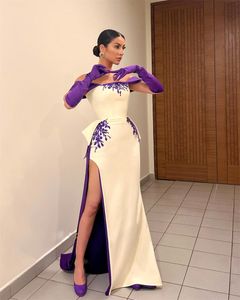 Modest Side Split Evening Dresses Off the Shoulder Ruffles Waist Formal Gown White and Purple Long Womens Special Occasion Dress