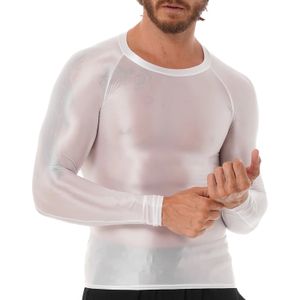 Abbigliamento da uomo Maglietta lucida a maniche lunghe con scollo a O Tinta unita Camicia traspirante slim fit Top Palestra Jogging Yoga Sportwear 240312