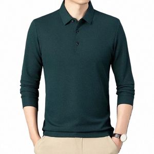 2024 Primavera Outono Waffle Homens LG-mangas Polo Camisa Busin Casual Slim Elastic Top Clássico Cor Sólida Masculino Marca Tees o1Fu #