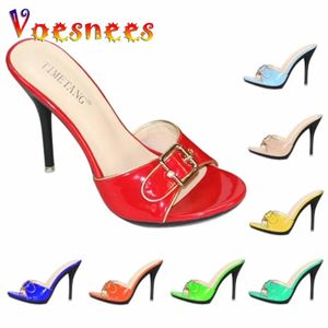 Summer Candy Color Sexy Slipper Shoes Patent Leather Super High Heel Pointed Toe Sandals Female Wedding 240318