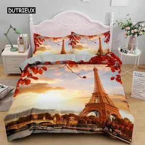 Zestawy pościeli Eiffel Tower Cover Cover Zestaw King Poliester o Sunset Paris Temat Romantic France Quilt dla dorosłych