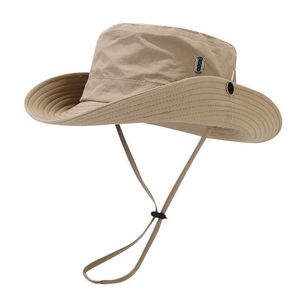 Ampla Brim Chapéus Balde Chapéus À Prova de Vento Mens Chapéu Ao Ar Livre Ampla Brim Flat Top Mens Camping Chapéu Carta Impressão Cinto Resistente UV Oco Mens Pescador Chapéu J240325