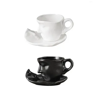 Kupalar, 260ml minimalist insan yüzü kupa benzersiz çay bardağı ve tabağı seti ofis için doğum günü romantik ev aile