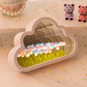 Mirrors DIY Cloud Tulip Mirror Lamp Simulation Flower Bedroom Sleeping Table Lamp Handmade Craft Tulips Mirror Night Light Birthday Gift