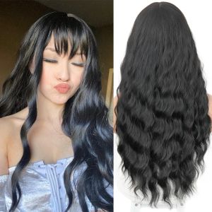 Peruklar lolita sentetik dalga peruk ile pangs siyah gri doğal ısıya dayanıklı saç günlük giyim wig kadınlar 24 