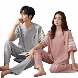 cott Short Slee Tops & Lg pant Sleepwear For Couples Korean Fi Nightwear Men Pijamas Women Pajamas Set Pjs a5Hh#