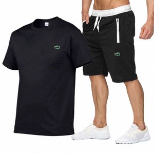 Neue Sommer Stickerei T-shirt Für Männer Sets Trainingsanzüge Cott Kurzarm T-Shirts + Shorts Jogginghose Jogging Homme Männer Kleidung u7aZ #