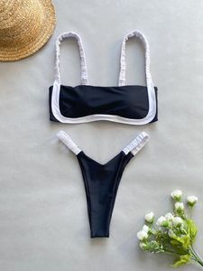 Women's Swimwear Black White Splicing Bikini Set Women Sexy Bandeau Push Up Micro Swimsuit 2024 Summer Bathing Suit Pleate Thong