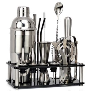 Frame 550ml/750ml Stainless Steel Tail Shaker Mixer Drink Bartender Kit Bars Set Tools with Wine Rack Stand Tool for Birthday Gift