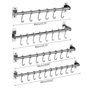 Rails Wall Mounted Utensil Rack Stainless Steel Hanging Kitchen Rail with 6/8/10 Removable Hooks Hanger Organizer