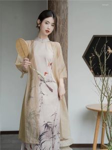 Vestidos casuais flor e pássaro posicionamento impressão estilo chinês afiado cheongsam vestido de proteção solar