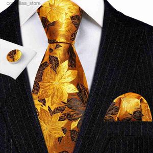 Neck Ties Neck Ties Elegant Mens Ties Gold Leaves Floral Silk Neck Tie Pocket Square Cufflinks Set Wedding Gift Free Shipping BarryWang 5966 Y240325