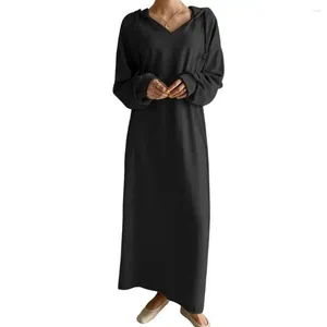 Vestidos casuais mulheres maxi vestido elegante v pescoço para cordão com capuz cor sólida outono macio respirável senhora com longo