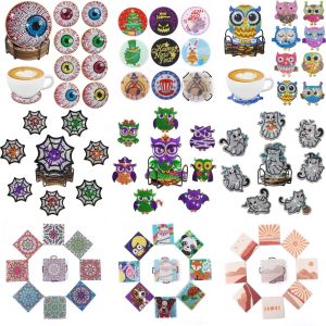 Stitch 8pcs Diy Flower e Animal Diamond Painting Coaster com suporte Crystal Rhinestone Cup Mat Made Diamond Coasters