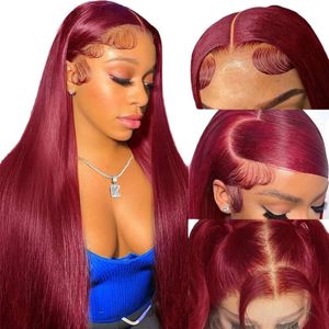 99J Bury 13x4 HD Transparente Frontal Vinho Vermelho Colorido Reto Lace Front Wigs Humano Pré Arrancado com Cabelo de Bebê Sem Cola 180% Densidade 26 polegadas