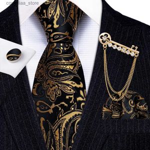Gravatas de pescoço Gravatas Barry.Wang Gold Black Jacquard Silk Mens Tie Hanky Cufflink Brooch Set 20 Patterns Design Gravata Pin para negócios de casamento masculino Y240325