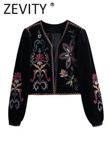 Zevity Women Vintage Flower Embroidery National Style Short Coat Ladies Retro Open Stitching Casual Velvet Jacket Tops CT100 240311