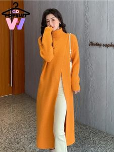 Sonbahar Kış Kışları Knited Ezti Uzun Elbiseler Yüksek Necked Split Loose Sweater Elbise Günlük Mizaç Giysileri 240323