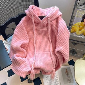 Kadın Hoodies Kore tarzı Pembe Örgü Kadınlar Bahar Sonbahar Uzun Kollu Kapüşonlu Kazak Paltolar Moda Tatlı All-Matched