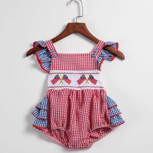 Girlymax Independence Day Sybling 4 juli pojkar flickor stripstjärnor vävda smockade klänning romper shorts set boutique barn kläder 220531