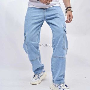 Men's Jeans Fashionable high street pocket jeans mens retro washed straight denim goods pants large side pockets hip-hop Trousers street clothing mensL2403
