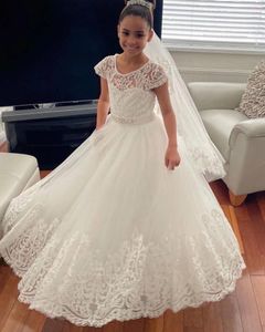 Girl Dresses Ivory Lace Flower For Wedding Beaded Tulle With Bow Kids Birthday Party Ball Gowns Princess First Communion Dress