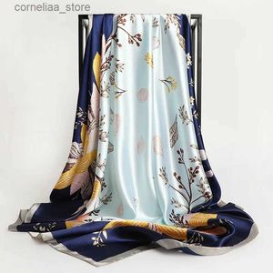 Bandanas durag szaliki 90*90 cm kwadratowy jedwabny szalik Kobiety projektant mody Piękne kwiaty Faulard miękki satynowy szalik chusteczka scarfs decar secarf y240325
