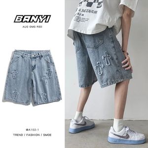 Y2K Ripped Denim Shorts European and American High Street Cross Jeans Brand Straight Loose Harajuku Mens 240315