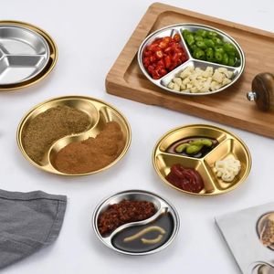 Plates Stainless Steel Dipping Pla Te Round Small Plate Korean Barbecue Seasoning Gold Grid Pot Flavoring