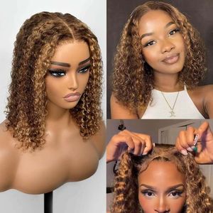 Smilegirl Blueless Bob Pre ​​-Cut Honey Blonde Curly Human Hair Pargs for Black Women Podkreśl Ombre Deep Wave 5x5 HD Lace Closure Peruki z elastyczną opaską