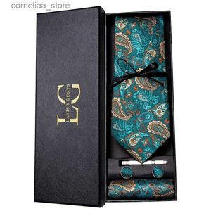 Gravatas Gravatas Gravatas Hi-Tie Luxo Caixa de Presente IC Paisley Teal Verde Gravata Gentil Mens Gravata Handky Abotoaduras Conjunto Gravata Para Homens Casamento Alta Qualidade Y240325