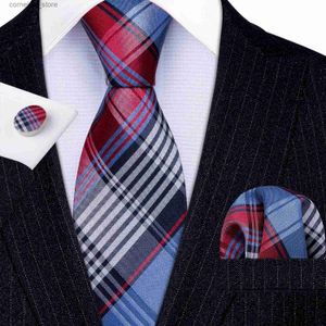 Moda moda czerwona niebieska kratona % jedwabna krawat prezenty dla mężczyzn Prezenty garnituru Wedding krawat barry. Kuzyjki hanky zestawy biznesowe LN-5341 Y240325