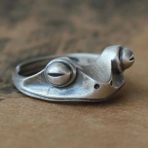 Vintage Frog 14K vit guldring för kvinnor konstnärlig design retro öppning resizable unisex kvinnlig uttalande bohemiska ringar silverfärg gåva