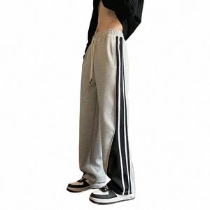 japanese Retro Casual Pants Men's Fitting Straight Leg Pants College Style Wide Striped Patchwork Drawstring Sweatpants Autumn o7vj#