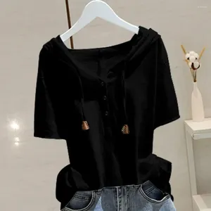 Women's T Shirts Women Hoodie Top Short Sleeves Hooded Drawstring Solid Color Loose Soft Casual Pullover Sweatshirt Breathable Lady Summer