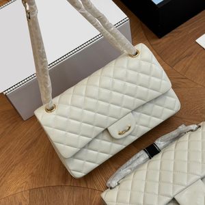 Womens White Lambskin Classic Double Flap Rectangular Quiltade väskor Guld/Silver Metal Hardware Matelasse Crossbody Shoulder Handväskor stor kapacitetsväska 25 cm