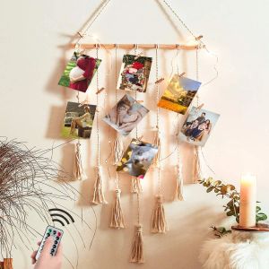 Ram hängande foto display macrame vägg hängande bilder ramhållare 10 klipp boho hemmakontor dekor vägg konst teen flicka rum dekor