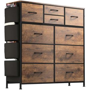 Lulive Dresser Bedroom 10 Drawers, Chest of Drawers with Side Pockets and Hooks, Fabric Storage Organizer Unit for Living Room, Hallway, Closet (rustic Brown)