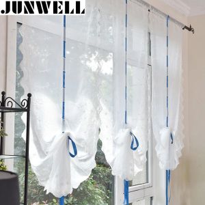 Cortinas Junwell Branco Bordado Fita Cortina Romana Design Costura Cores Tule Varanda Cortina de Janela de Cozinha Cega 1 Pc