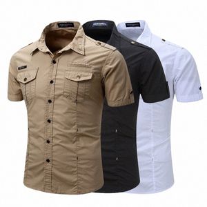 Neue Mens Military Shirt Busin Slim Fit Kurzarm Casual Hemden Solide Quick-Dry Atmungsaktive Männliche Kleidung EUR Größe 3XL j7um #