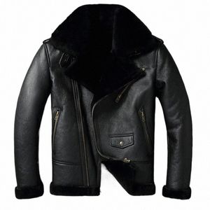 2023 Thick Wool Warm Coat Diagal Zip Fur Collar Men's Leather Jacket Black Aviator Winter Coat European Size W0J9#