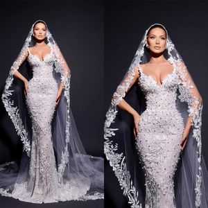 Gorgeous Sweetheart Mermaid Wedding Dress Veil Spaghetti Straps Lace Applique Pearl Beading Sweep Floor Bridal Gowns Vestido De Novia