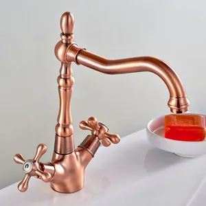 Badezimmer-Waschtischarmaturen, komplett aus Kupfer, Rotbronze, Retro und kalt, über dem Waschbecken, Einzelloch, erhöhter Wasserhahn im europäischen Stil, doppelt