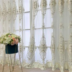 Curtains French Pearl Rope Embroidered Sheer Voile European Atmospheric Embossed Tulle Curtain With Lace Valance For Living Room Bedroom