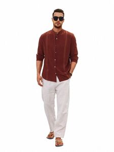 herrkubansk guayabera skjortor linne casual rumpa ner rulla upp ärmskjorta för män band krage sommar strand toppar kemis homme g1ad#