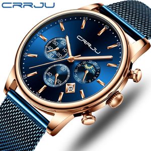 Relogio Masculino Crrju Luxury Quartz Watch for Men Blue Dial Watch Sport Watch Watchs Хронограф сетчатой ​​сетчатый пояс для запястья 267i