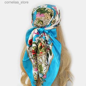 Bandanas Durag Luxo Marca de Seda Cetim Lenço Quadrado Mulheres Hijab Bandana Muçulmano Xaile Envoltório Senhoras Headband Lenço Foulard 90cm Y240324