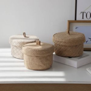 Cestas de tecelagem caixa de armazenamento de lanche cestas de armazenamento de artigos diversos de juta com tampas mesa de guarda-roupa caixa de presente redonda vime seagrass vaso de flores