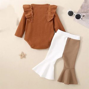 Kläder sätter baby flicka solid ribbed ruffle romper byxor set spädbarn klocka bottnar outfit lång ärmkontrast färg blare